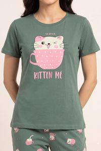 Zivame Farm Lore Knit Cotton Pyjama Set - Iceberg Green — thumbnail 5